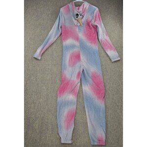 Fleece Zip-Up Tie-Dye Hooded Onesie Pajama S Full-Length Pink & Blue Polyester